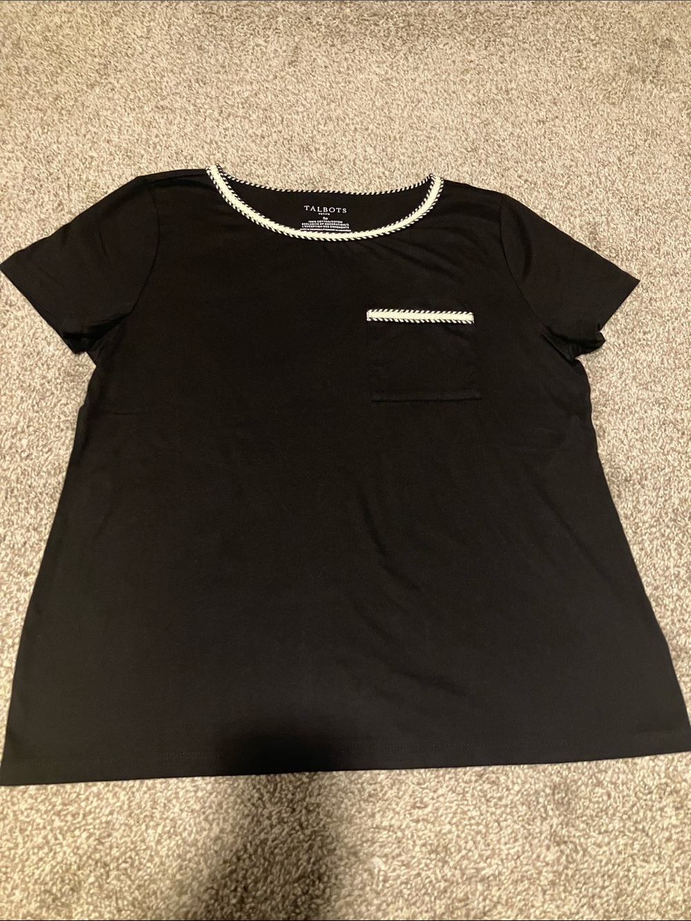 NWOT TALBOTS TWEED TRIM TSHIRT POCKET CREWNECK BLACK COTTON TEE SIZE S/P